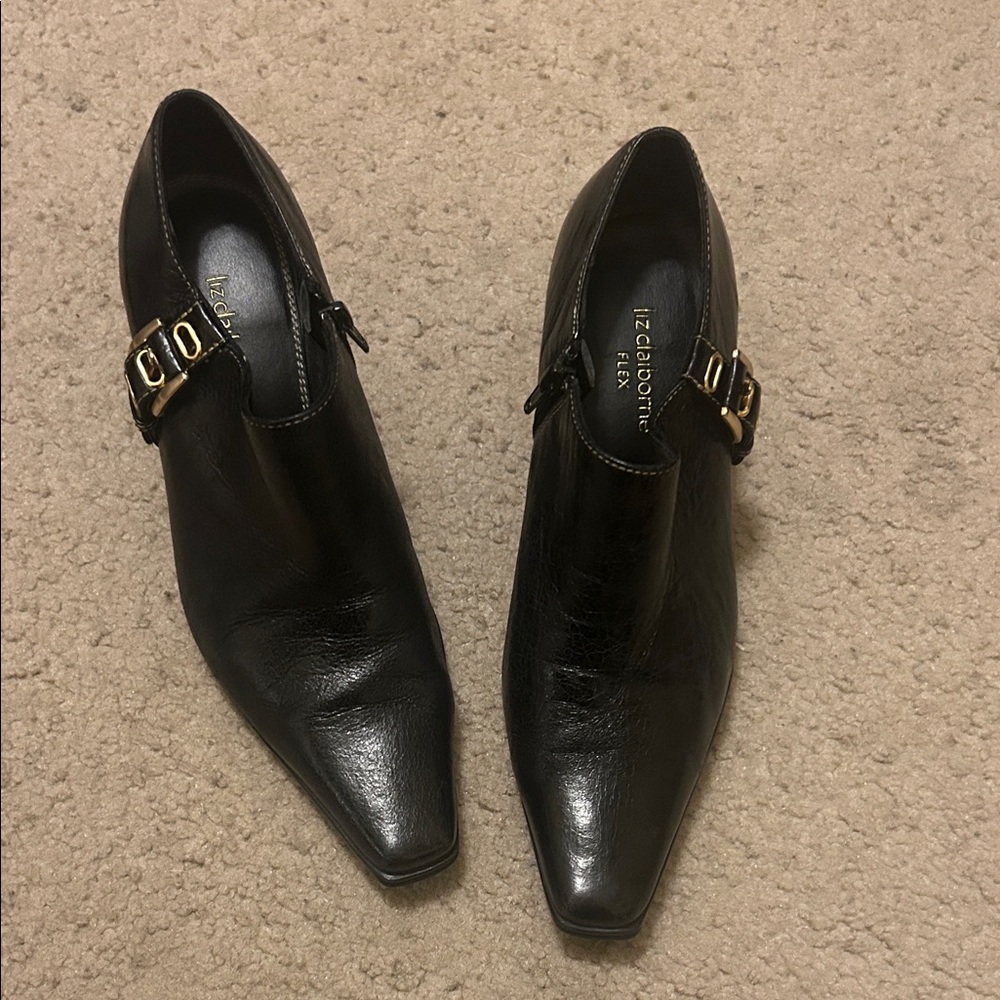 Liz Claiborne Black Heeled Boots with Gold Buckle
